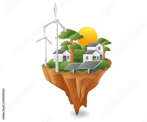 flat isometric illustration concept. green land with solar panel energy house and windmill