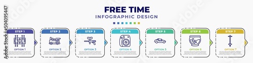 infographic template with icons and 7 options or steps. infographic for free time concept. included table football, toy train, paintball, instant camera, buggy, fish tank, pogo stick editable photo