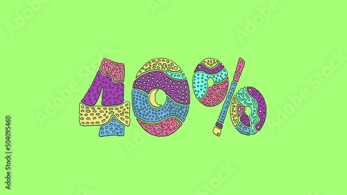 40%. Animated Cartoon text, Shake twitch effect. Isolate on green screen chroma key background. Colored funny doodle letters, unique style. 40% for discount, sale, promotion advertising. 4K