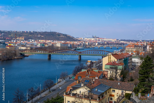 Houses with traditional red roofs in Prague, Panoramic city skyline, Scenic aerial panorama of the Old Town architecture in Prague, Czech Republic