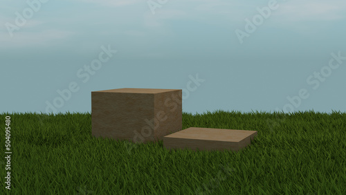 wooden podium with the field  and sky view background