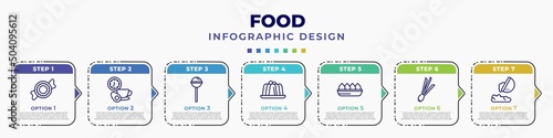 infographic template with icons and 7 options or steps. infographic for food concept. included polvoron, time to have a break, lollypop, jelly, fried tofu curd balls, chives, fallen editable vector.