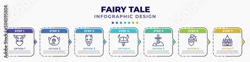 infographic template with icons and 7 options or steps. infographic for fairy tale concept. included ogre, cyclops, evil, viking, excalibur, knight, palace editable vector.