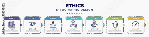 infographic template with icons and 7 options or steps. infographic for ethics concept. included city, corruption, competitive, guard, agreement, thumbs up, gauge editable vector.