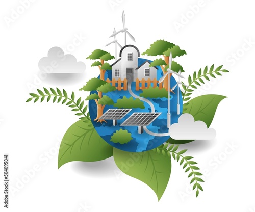 flat isometric illustration concept. earth trees and solar panel energy