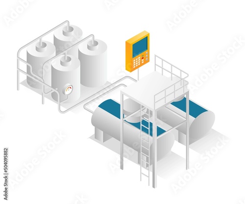 Flat isometric illustration concept. dairy industry pipelines and tanks