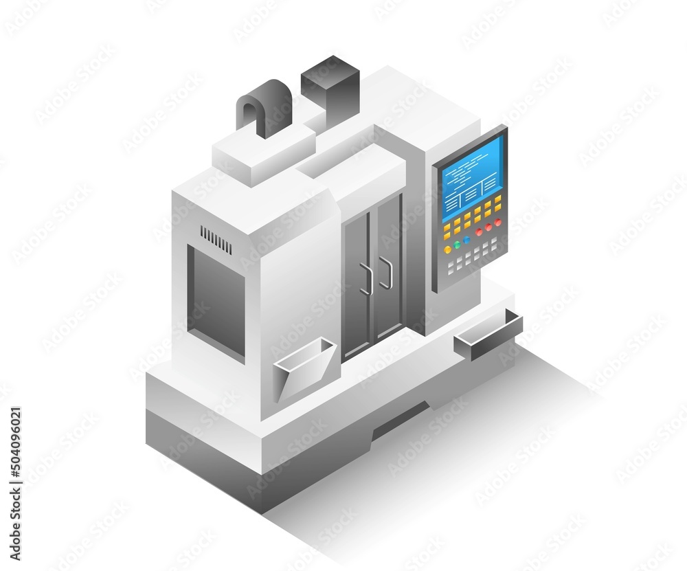 Flat isometric illustration concept. cnc milling machine programming