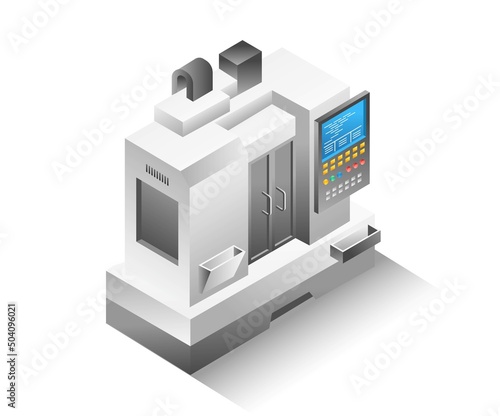 Flat isometric illustration concept. cnc milling machine programming