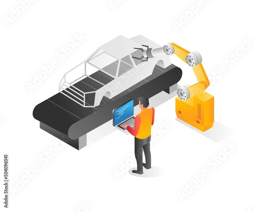 Flat isometric illustration concept. car assembly machine operator