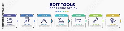 infographic template with icons and 7 options or steps. infographic for edit tools concept. included file folder, defining, calipers, needle case, folders, cobbler, repair tools editable vector.