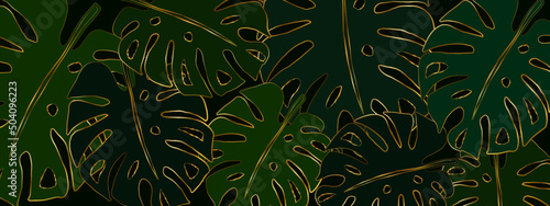A dark green banner filled with outline gold monstera leaves. Vector luxury illustration