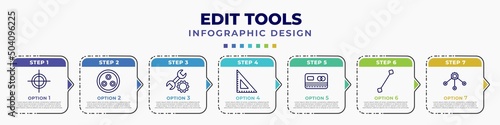 infographic template with icons and 7 options or steps. infographic for edit tools concept. included registration mark, quark, repair tool, school triangle, blue card, line tool, allocation editable