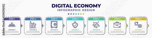 infographic template with icons and 7 options or steps. infographic for digital economy concept. included hierarchical structure, analytics, safebox, insurance, gold ingot, briefcase, social media