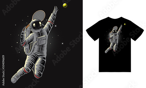 Astronaut play tennis in space illustration with tshirt design premium vector