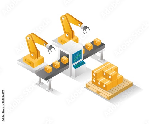 Flat isometric concept illustration. cardboard box packing machine