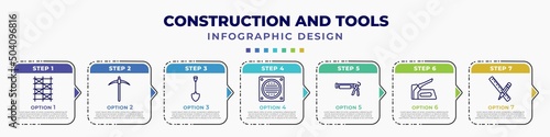 infographic template with icons and 7 options or steps. infographic for construction and tools concept. included scaffolding, pickaxe, spade, drain, caulk gun, staple gun, pencil and ruler editable