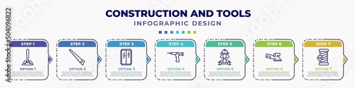 infographic template with icons and 7 options or steps. infographic for construction and tools concept. included soil, handsaw, glass wall, sealant gun, mechanic working, sanding hine, copper