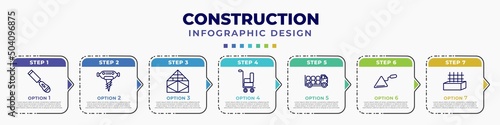 infographic template with icons and 7 options or steps. infographic for construction concept. included chisel, pickaxes drilling, joist, trolley with cargo, truck with load, construction palette,