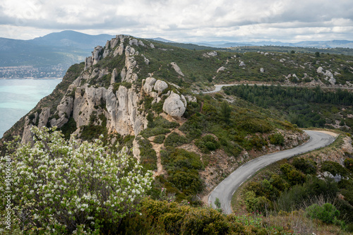 Touristic route D141 road from La Ciotat to Cassis, panoramic view on blue sea, limestone's cliffs and green pine forest, vacation in Provence, France