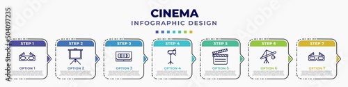 infographic template with icons and 7 options or steps. infographic for cinema concept. included old 3d glasses, fabric for movies, inclined videocaste, movie light, movie clapper, jimmy jib, 3d