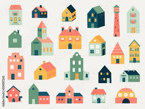 Doodle colored houses. Abstract hand drawn line cottage houses and rural farm buildings, cute small neighborhood houses. Vector isolated set