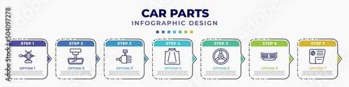 infographic template with icons and 7 options or steps. infographic for car parts concept. included car jack, car rear-view mirror, distributor, bonnet, horn, cowl, glove compartment editable