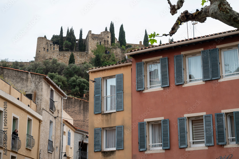Fototapeta premium Rainy day in South of France, narrow streets and colorful buildings in Cassis, Provence, France