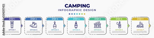 infographic template with icons and 7 options or steps. infographic for camping concept. included sun lotion, boot, cooking gas, camping gas, lodge, lighter, rafting editable vector.