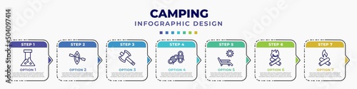 infographic template with icons and 7 options or steps. infographic for camping concept. included flask, canoe, axes, rope, deck chair, bonfire, campfire editable vector.
