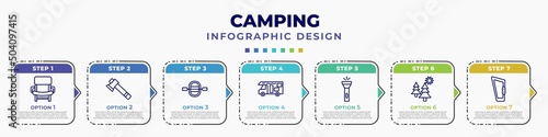 infographic template with icons and 7 options or steps. infographic for camping concept. included folding chair, axe, raft, camper van, torch, pines, carabiner editable vector.