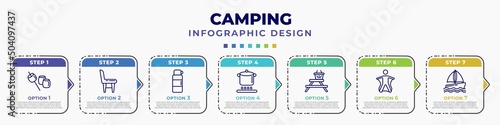 infographic template with icons and 7 options or steps. infographic for camping concept. included marshmallow, chair, thermo, pot on fire, camp table, wingsuit, boat editable vector.