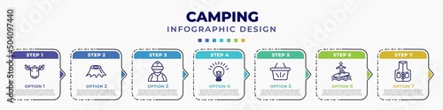 infographic template with icons and 7 options or steps. infographic for camping concept. included hunting trophy, stump, jockey, lamp, basket, surfing, fishing vest editable vector.