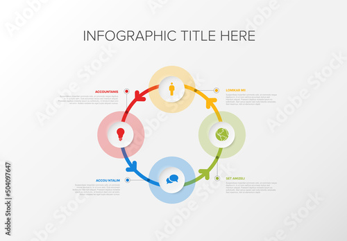 Simple light infographic cycle with four relief circle icon elements and arrows