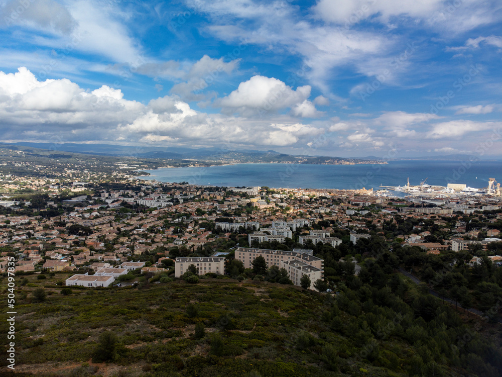 Panoramic aerial view on historical coastal Provencal city La Ciotat, summer vacation in Provence, France