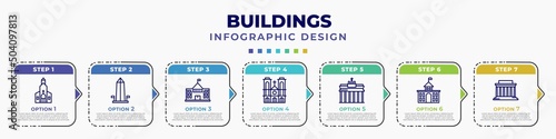infographic template with icons and 7 options or steps. infographic for buildings concept. included chuch, washington monument, embassy, notre dame, brandenburg gate, goverment building, lincoln