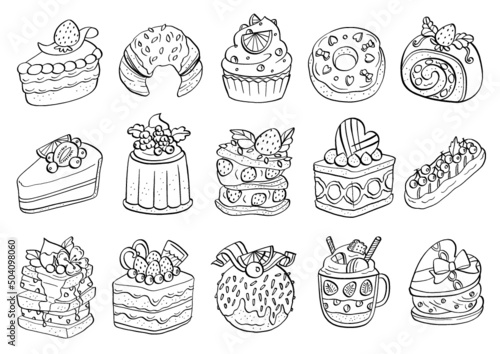 set of outline bakery cake patisserie shop drawing illustration