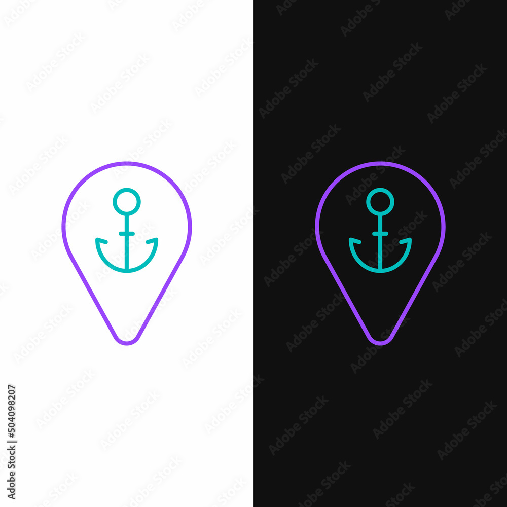 Line Map pointer with anchor icon isolated on white and black background. Colorful outline concept. Vector Line Map pointer with anchor icon isolated on white and black background. Colorful outline concept. Vector