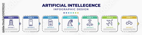 infographic template with icons and 7 options or steps. infographic for artificial intellegence concept. included train, smartphone, binary, motorway, unmanned aerial vehicle, aeroplane, graphene