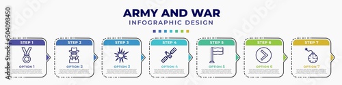 infographic template with icons and 7 options or steps. infographic for army and war concept. included medal, secret agent, explosive, military satellites, patriot, chevron, time bomb with clock