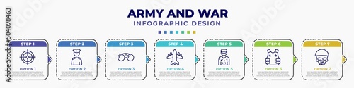 infographic template with icons and 7 options or steps. infographic for army and war concept. included gun shooting, lieutenant, binoculars, fighter plane, conscription, bulletproof, skull army