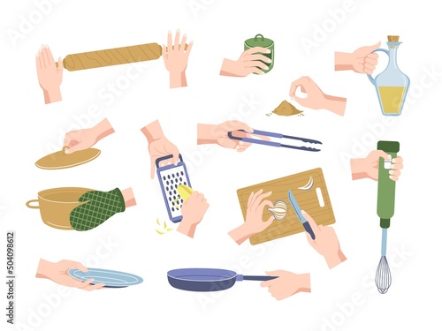 Hands kitchenware set. Female hands holding utensils and culinary accessories, cooking and using kitchen objects. Vector isolated set