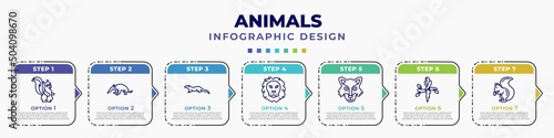 infographic template with icons and 7 options or steps. infographic for animals concept. included skunk, ant eater, mink, lion, wolf, aw, squirrel editable vector.