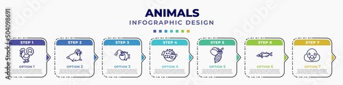 infographic template with icons and 7 options or steps. infographic for animals concept. included cock, walrus, angler, globe fish, wasp, pike, snigir editable vector.