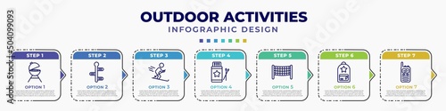 infographic template with icons and 7 options or steps. infographic for outdoor activities concept. included barbacue, , skii, matchbox, volleyball net, backpacks, walkie talkies editable vector.
