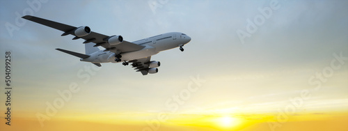 Tela Conceptual flying white passenger jetliner or commercial plane after take off rising over a beautiful sky background