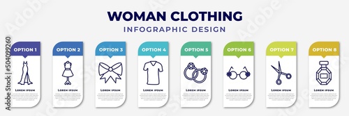 infographic template with icons and 8 options or steps. infographic for woman clothing concept. included long black gown, couture mannequin, bow black, clothes, round earrings, round eyeglasses,