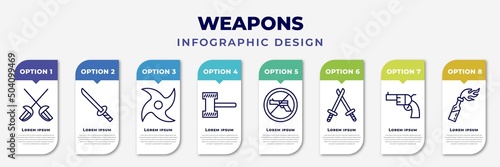 infographic template with icons and 8 options or steps. infographic for weapons concept. included sabre, katana with handle, japanese shuriken, thor hammer, no shooting, battle, revolvers, molotov