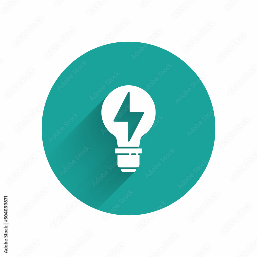 White Light bulb with lightning symbol icon isolated with long shadow. Light lamp sign. Idea symbol. Green circle button. Vector White Light bulb with lightning symbol icon isolated with long shadow. Light lamp sign. Idea symbol. Green circle button. Vector