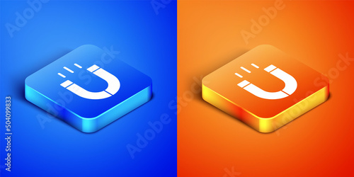 Isometric Magnet icon isolated on blue and orange background. Horseshoe magnet, magnetism, magnetize, attraction. Square button. Vector