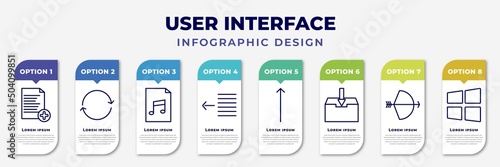 infographic template with icons and 8 options or steps. infographic for user interface concept. included add new document, update arrows, music file, text out, slim up, file inbox, archer, window